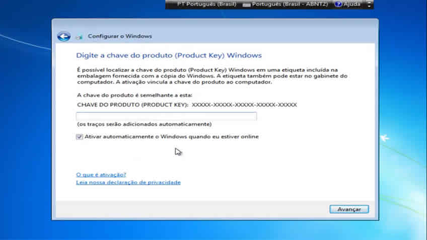 Digite o Product Key do Windows 7