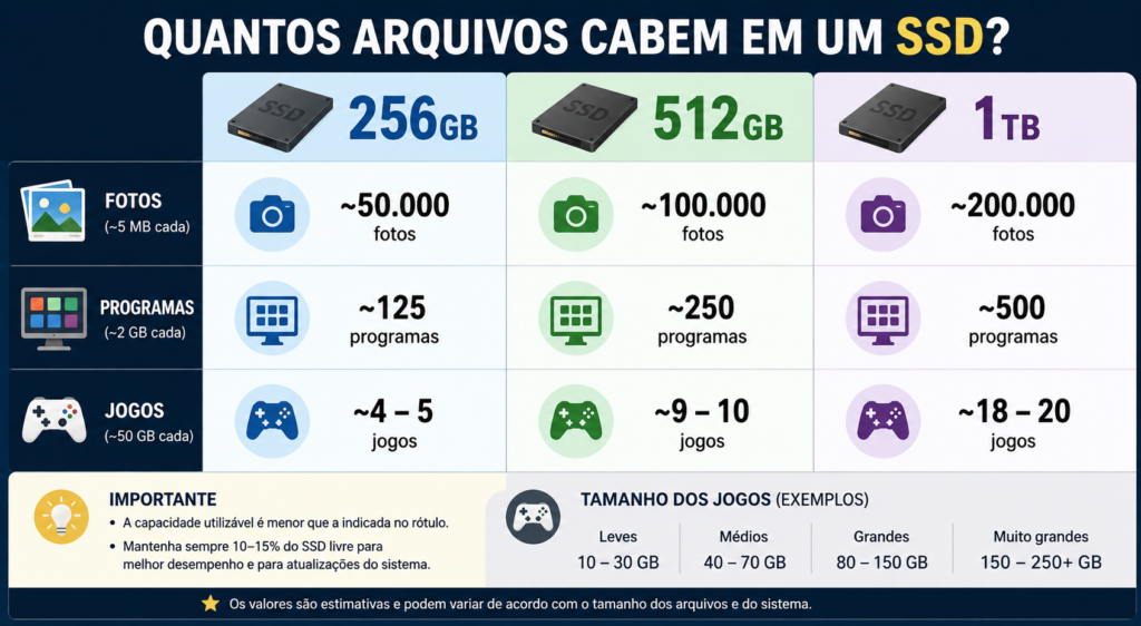 Guia de capacidade de armazenamento SSD 256GB 512GB 1TB.